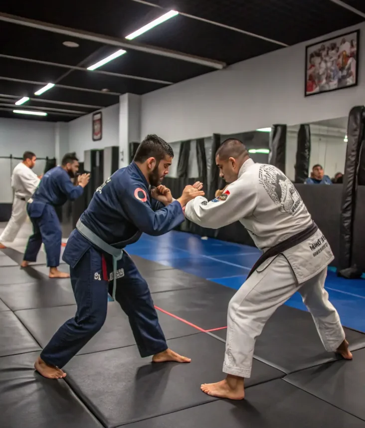 Adults in a Jujitsu class at Kings MMA, practicing grappling techniques with a focus on control and submission holds, showcasing the intensity and skill involved.